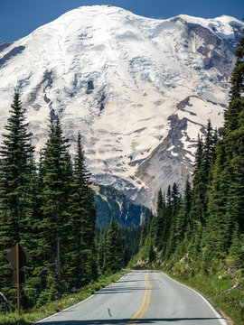 Massive Mt Rainier Glacier Above Mountain Road in Washington State