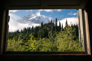 Visitor Center Window View of Iconic Mt Rainier in Summer Season