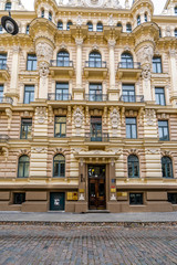 Close-up of the Art Nouveau facade on a building in Riga