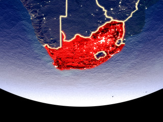 Satellite view of South Africa from space at night. Beautifully detailed plastic planet surface with visible city lights.