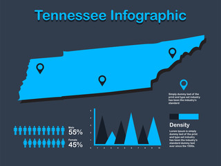 Tennessee State (USA) Map with Set of Infographic Elements in Blue Color in Dark Background. Modern Information Graphics Element for your design.