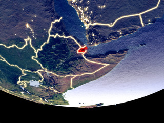 Satellite view of Djibouti from space at night. Beautifully detailed plastic planet surface with visible city lights.