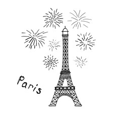 Fototapeta na wymiar Vector illustration of hand drawn Eiffel tower, fireworks and word Paris.