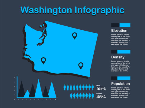 Washington State (USA) Map with Set of Infographic Elements in Blue Color in Dark Background. Modern Information Graphics Element for your design.