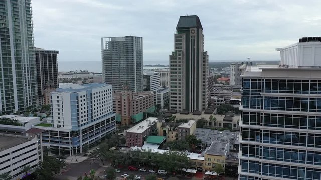 Aerial drone footage of Downtown St. Petersburg, Florida and surrounding neighborhoods and landmarks.