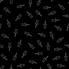 Vector seamless pattern with white outline paper pins on black background.