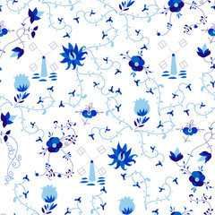 Vector amazing patterns of flowers and  windmill in Delfts blauw style.