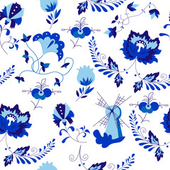 Vector amazing patterns of flowers and  windmill in Delfts blauw style.
