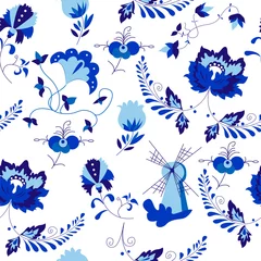 Foto auf Acrylglas Vector amazing patterns of flowers and  windmill in Delfts blauw style. © Irina Smirnova