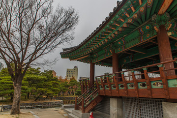 view from green pagoda in traditional Hanok korean village at fall season in Seoul, Korea