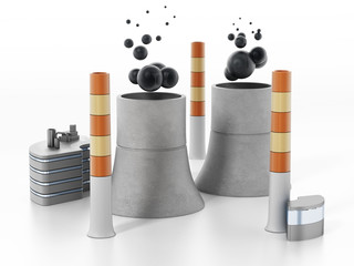 Nuclear plant isolated on white background. 3D illustration