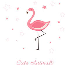 Cute Animals vector illustration with Pink Flamingo. lettering isolated illustration on white background with stars