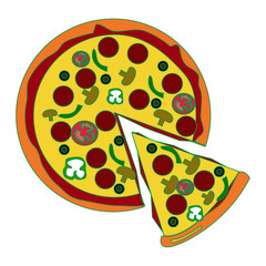 Whole pizza with one slice partially removed