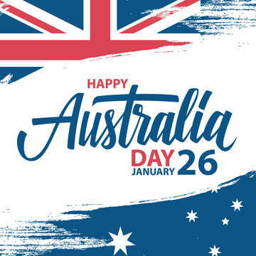 Happy Australia Day, january 26 greeting card with hand lettering and brush stroke in colors of the australian national flag. Vector Illustration.