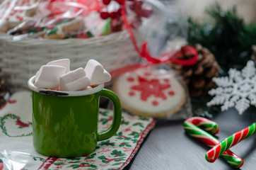 Hot chocolate with marshmallows and cane sugar.Christmas decoration.
