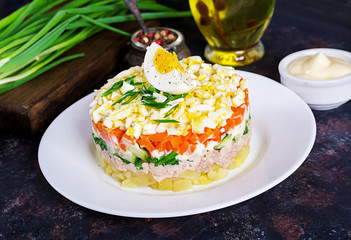 Salad of cod liver with eggs, cucumbers, potatoes, green onion  and carrot in a plate.