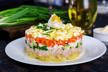 Salad of cod liver with eggs, cucumbers, potatoes, green onion  and carrot in a plate.