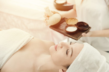 Obraz na płótnie Canvas Women sleep relax in spa with herbal skin care treatment.