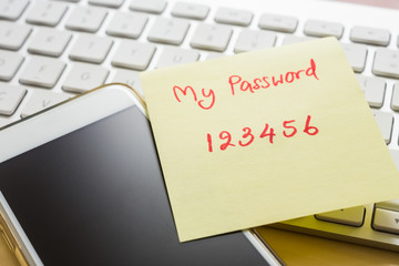 Easy number password note stick on smartphone, keyboard.