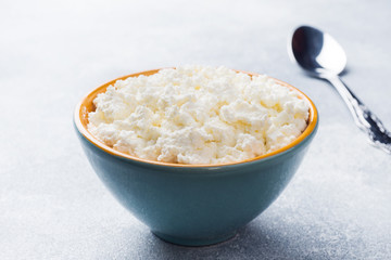 Homemade Cottage cheese in a ceramic bowl on a gray table.