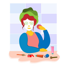 The girl cares for the face, makes a mask, cleans the skin of the face and applies the cream. Illustration in flat style.