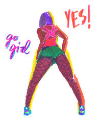 Girl in purple wig and fishnet tights twerking. Illustration painted in highlighter felt tip pen on clean white background