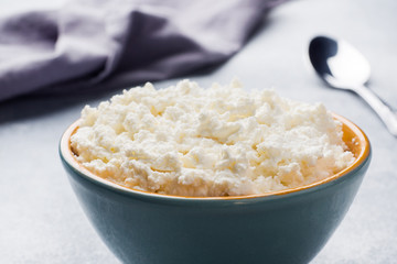 Homemade Cottage cheese in a ceramic bowl on a gray table.