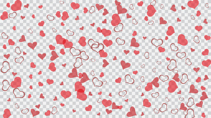 Red on Transparent background Vector. Red hearts of confetti are falling. Happy background. Part of the design of wallpaper, textiles, packaging, printing, holiday invitation for birthday.