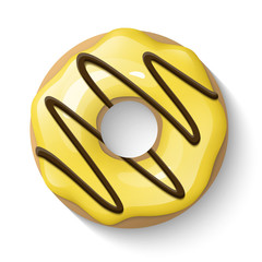 Donut isolated on a white background. Cute, colorful and glossy donuts with yellow glaze and chocolate. Simple modern design. Realistic vector illustration.