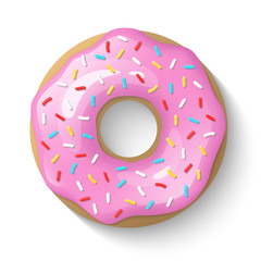 Donut isolated on a white background. Cute, colorful and glossy donuts with pink glaze and multicolored powder. Simple modern design. Realistic vector illustration. - obrazy, fototapety, plakaty