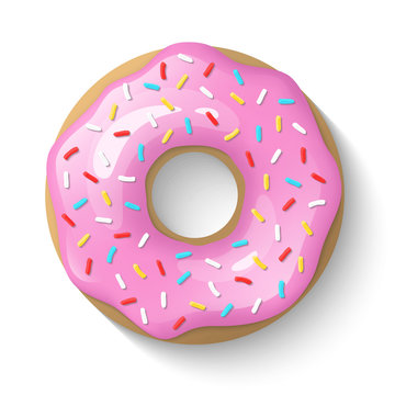 Donut isolated on a white background. Cute, colorful and glossy donuts with pink glaze and multicolored powder. Simple modern design. Realistic vector illustration.