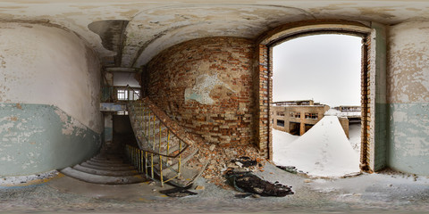 3D spherical panorama with 360 degree viewing angle Abandoned building in winter with snow in...