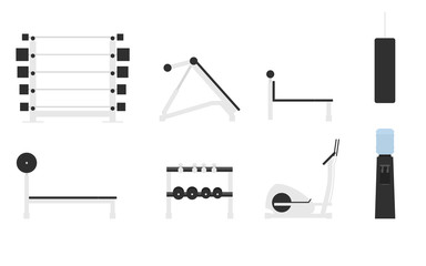 Sport inventory, gym equipment set flat style design vector illustration.