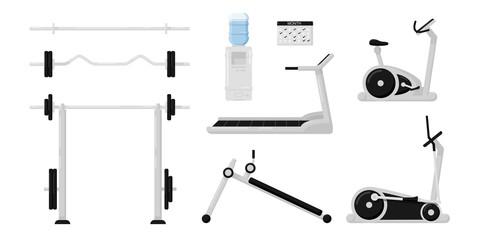 Gym fitness equipment set isolated on white background. Black and white color. Collection of modern training apparatus. Cute cartoon design. Simple flat style vector illustration.