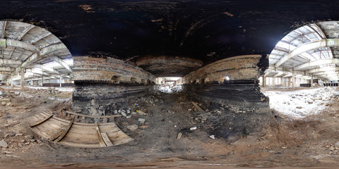 3D spherical panorama with 360 degree viewing angle Abandoned building in winter with snow in...