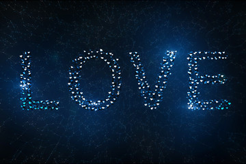 The word love spelled with blue and white heart shapes for Valentines Day. Illustration background.