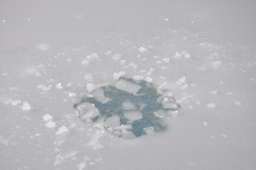 Broken ice in lake.