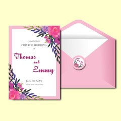 WEDDING INVITATION TEMPLATE, BACKGROUND OF PINK COLOR, AND FLOWER FRAME WITH WATER CAT