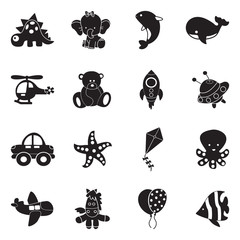 Cartoon Toys Icons. Black Flat Design. Vector Illustration.