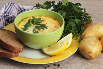 Creamy salmon soup, traditional dish for Scandinavian cuisine