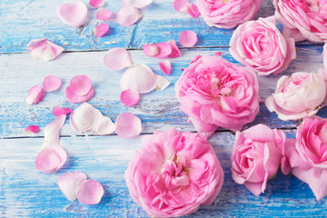 Obraz na płótnie Canvas pink roses on wooden background, valentines day