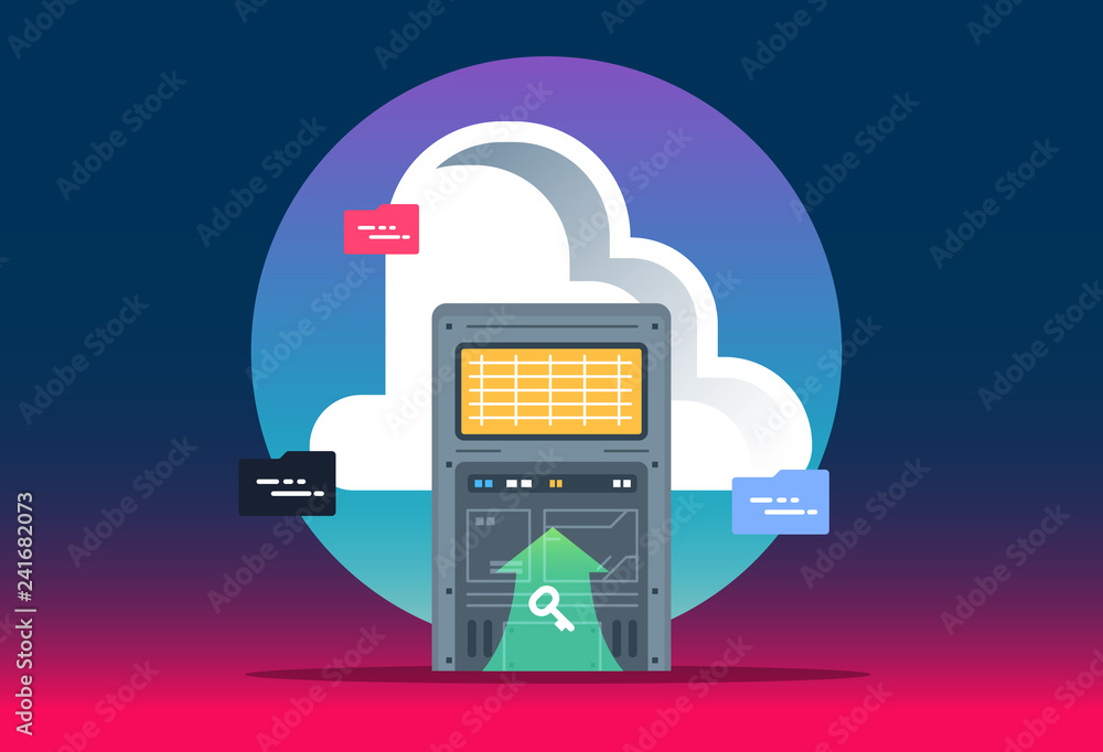 Poster cloud computing technology. data center with hosting server racks. website banner of business cloud 
