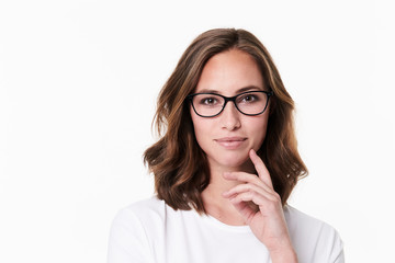 Thoughtful glasses girl on white background