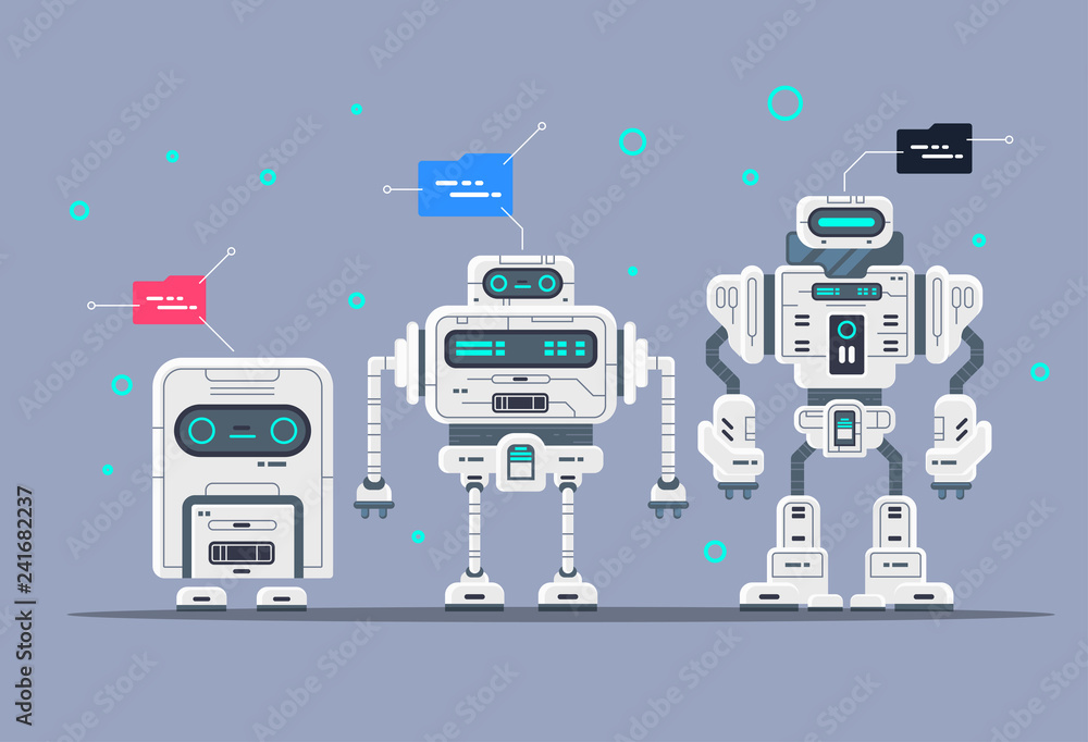Aufkleber evolution of robots stages of androids development, modern robots, cartoon style set.