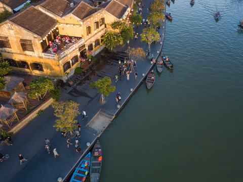 Aerial view of Hoi An old town or Hoian ancient town. Royalty high-quality free stock photo image top view rooftop of street walking in Hoi An city. Hoi An city is UNESCO world heritage site