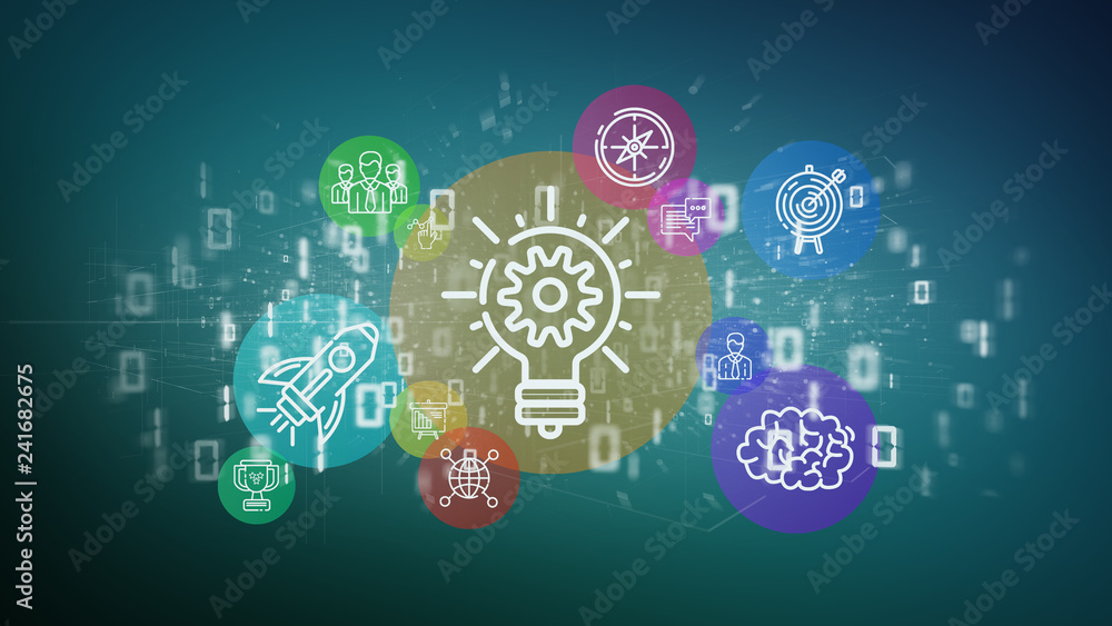 Poster view of a cloud of colorfull start up icon bubble with data binary 3d rendering