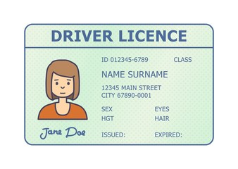 Car driver licence identification. Driving licence plastic card with woman photo. Flat style isolated. Vector illustration.