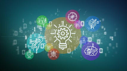 View of a Cloud of colorfull start up icon bubble with data binary 3d rendering