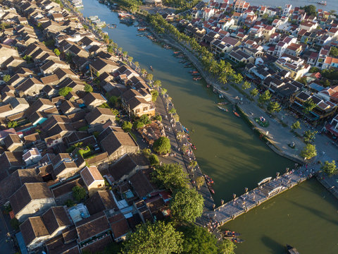 Aerial view of Hoi An old town or Hoian ancient town. Royalty high-quality free stock photo image top view of Hoai river and boat traffic Hoi An. Hoi An is one of the most popular travel in asia