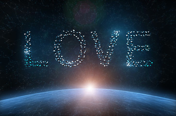 The word love spelled with blue heart shapes for Valentines Day on artistic cyberspace universe illustration background.